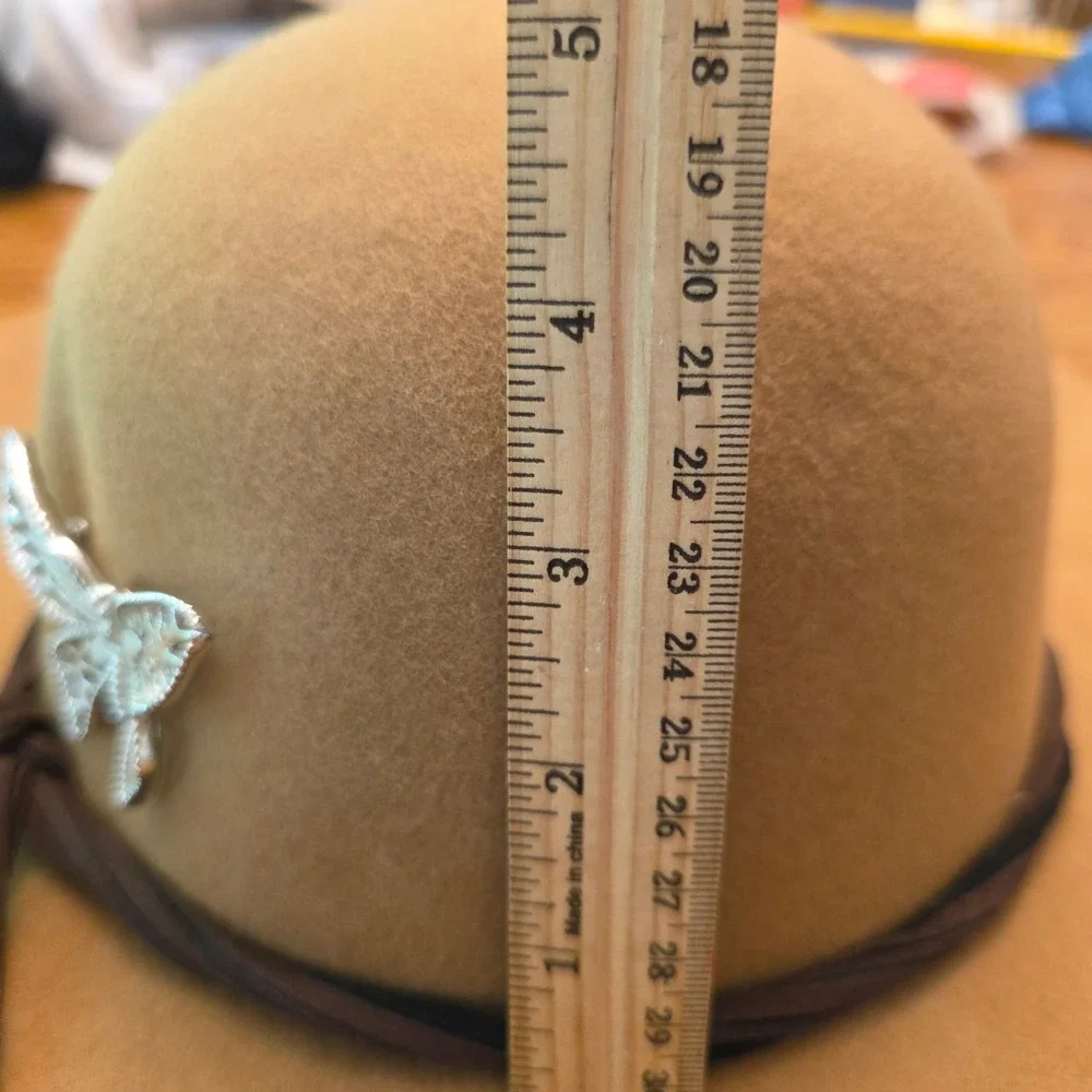100% Wool Tan Wide Brim Floppy Hat Silver Butterfly Pin Braided Band Boho Whimsy